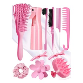 Kit para estilizar cabello rizado y ondulado, color rosa, con cepillo peines, atomizador pulverizador de agua y accesorios. Kit para método curly