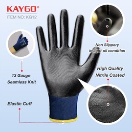 KAYGO KG12N Work Gloves Nitrile Coated, 12 Pairs Flexible Protective Gloves with Good Grip for Men Women, Ideal for General Work, Construction Warehouse, Car, Garden, DIY Assembly, KG12N (Blue, S,