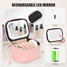 Relavel Mini bolsa de maquillaje con espejo LED, pequeña bolsa de cosméticos con 3 modos de luz, bolsa de maquillaje portátil recargable con correa de