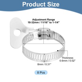 sourcing map 8Pcs Stainless Steel Hose Clamps Worm Gear Hose Clamp, 18-32mm(11/16" to 1-1/4") Adjustable Thumb Screw Key Type Clamps Fuel Line Clamps 8mm Bandwidth for Plumbing, Automotive