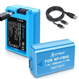 Artman NP-FW50 Battery 2-Pack 1500mAh with USB-C 2in1 Charging Cable for Sony ZV-E10, Alpha A6500 A6400 A6300 A6000 A5100 A5000, A7S II, A7S, A7R II, A7R, A7 II, A7, RX10 II III IV Cameras