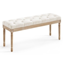 LUE BONA 44" Bedroom Bench, Vintage French Tufted End of Bed Bench, Upholstered Fabric Ottoman Bench with Carved Wood Legs for Bedroom,Dining Bench Piano Stool for Living Room,Foyer, Beige