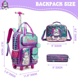 MYHSBYO Kids Rolling Backpack with Wheels for Girls Unicorn School Roller Backpack,Carry on Luggage Travel Suitcase with Lunch Bag and Pencil Case for Girls Ages 5-12