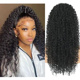 Datanala Brazilian Remy Kinky Curly Ponytail Extensions 24Inch Human Hair Drawstring Ponytail Extension Clip in Hair Extensions Nature Black Color for Black Women