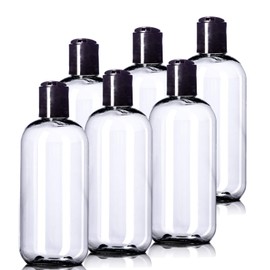 Aromine 8oz Plastic Bottles (6 Pack) BPA-Free Squeeze Clear Toiletries and Shampoo Containers with Disc Cap, Labels Included for Travel