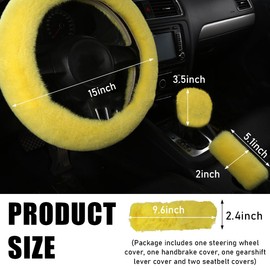 Yourkar 5 PCS Fluffy Steering Wheel Covers Set, Faux Wool Steering Wheel Cover & Handbrake Cover & Gear Shift Cover & 2 Seat Belt Shoulder Pads, Universal Car Accessories (Yellow)