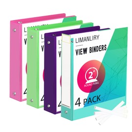 2 Inch Binders, Durable 2" 3 Ring Binder, Customizable View Binder with Pockets, Assorted Colors, 4 Pack