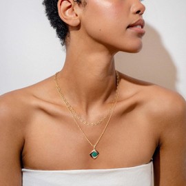 Fettero Layered Gold Necklaces for Women Dainty Necklace 14K Gold Plated Layered Necklaces Charm Green Emerald Square Pendant Necklace Stack Neckalce Jewelry Set for Engagement Birthday