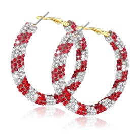 LANFUNI Christmas Hoop Earrings, Candy Cane Hoop Earrings For Women Sparkly Red Crystal Earrings Fashion Jewelry