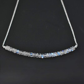 Gempires Rainbow Moonstone Beaded Bar Necklace for Women, Faceted Beads 3-6 mm, Moonstone Crystal Necklace, June Birthstone, 18 inches Adjustable Silver Plated Chain (C)