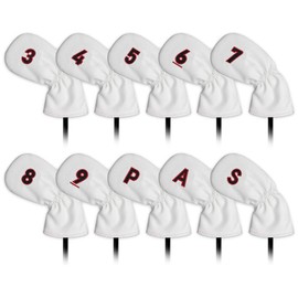 Men's Golf Headcovers Iron Club Set for Left and Right Hands, 10 Pieces (3-9,P,A,S) Red Double Sided Number Embroidery, White, Synthetic Leather, PU Leather, Long Neck, Elastic Closure