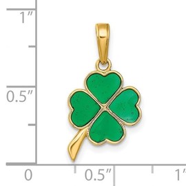 ALELSA JEWELRY 14K Solid Gold Green Enamel Four Leaf Clover Charm Pendant - 20mm x 10mm 14K Yellow Gold Shamrock Pendant.