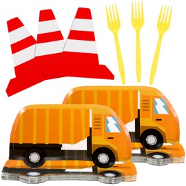 Zhehao Construction Birthday Decorations Plates Set Truck Shaped Plates Traffic Cone Napkins Forks Construction Excavator Birthday Party Supplies(75pcs)