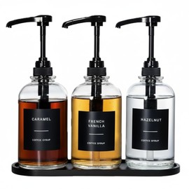 Euiaey Coffee Syrup Dispenser for Coffee Bar, Glass Syrup Bottle with 1/4 oz Large Capacity Pump, Syrup Pump Dispenser with Pump for Coffee Station, Black with Tray,16.9oz, Set of 3