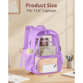 KIMNERPU Clear Backpack, Fabric & PVC Transparent Backpack with Reinforced Strap for Women Men, Heavy Duty Transparent Bookbag, Large Capacity Clear Bag, Travel, Security, Purple