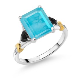 Gem Stone King 925 Silver and 10K Yellow Gold Green Turquoise and Black Onyx and Diamond Engagement Ring For Women (2.56 Cttw, Emerald Cut 10X8MM, Trillion 3.5MM) (Size 9)