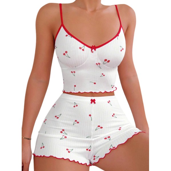 Hilinker Women's 2 Piece Cherry Pajama Set Ribbed Cami Top