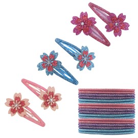 Topkids Accessories 24pc Pink, Blue and Purple Glitter Flower Hair Snap Clips and Elastics Set, Girls, Ladies Sleepies, Hairbands, Hair Accessories