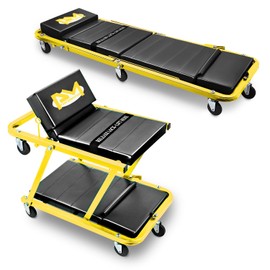 PM PERFORMOTOR 48" Folding 2 IN 1 Rolling Z Creeper, Adjustable Roller Garage Chair Lay Down or Sit, 7 Pcs 2" Casters, 350 Lbs Weight Capacity, Yellow,PM-TOL-CPS48-YL