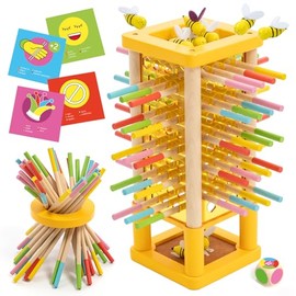 Nene Toys BeeFall Wooden Tower Game for Kids 3+ – 4-in-1 Stick Drop Bee Game with Dice & Action Cards, Rainbow Sticks Ring – Montessori Board Game for Family Game Night, Fine Motor Skills