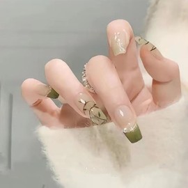 HUIYUNTIAN Press nails,perfect fit, suitable for female girls gifts Long, square fake nails, green bamboo