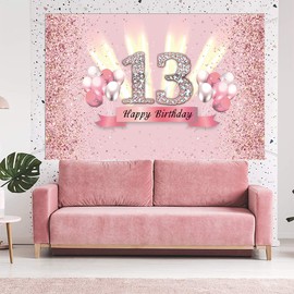 Tecreo 13th Birthday Decoration Party Decor For Girl Fabric Sign Poster 13th Anniversary Background Banner 13th Birthday Party Supplies Table Decoration Glitter Pink, 150cm