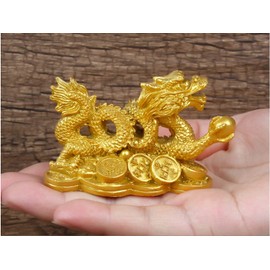Mose Cafolo Golden Asian Chinese Feng Shui Dragon (3.5‘ L) on Money Coins Figurine Statue Coins Attract Money and Good Luck Fortune for Home Office Décor and Gift