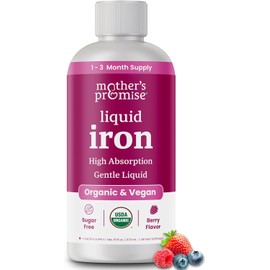 Mother's Promise Suplemento de hierro líquido orgánico para mujeres, hombres y niños con vitamina C Sin azúcar, sabor a frutos rojos, vegano y no causa estreñimiento. Suplemento de hierro Ferrochel®