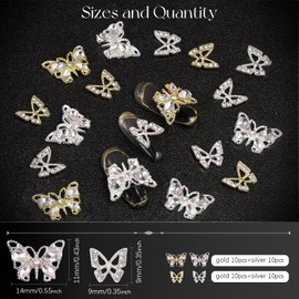 40Pcs 3D Butterfly Nail Charms, Gold + Silver Multi Shapes Shiny Luxury Gems, Crystal Diamond Jewels Studs with Rhinestones for Nail Design, Nail Art Decoration Set for Acrylic Nails