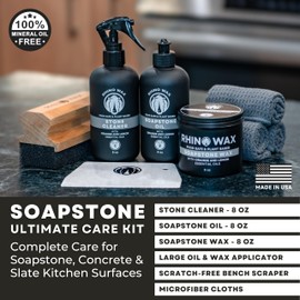 Rhino Wax Soapstone Ultimate Care Kit - Soapstone Wax, Soap-Stone Oil, Stone Spray Cleaner, Scraper, Large Applicator, 3 Microfiber Cloths - Complete Protection for Stone Surfaces - Made in USA