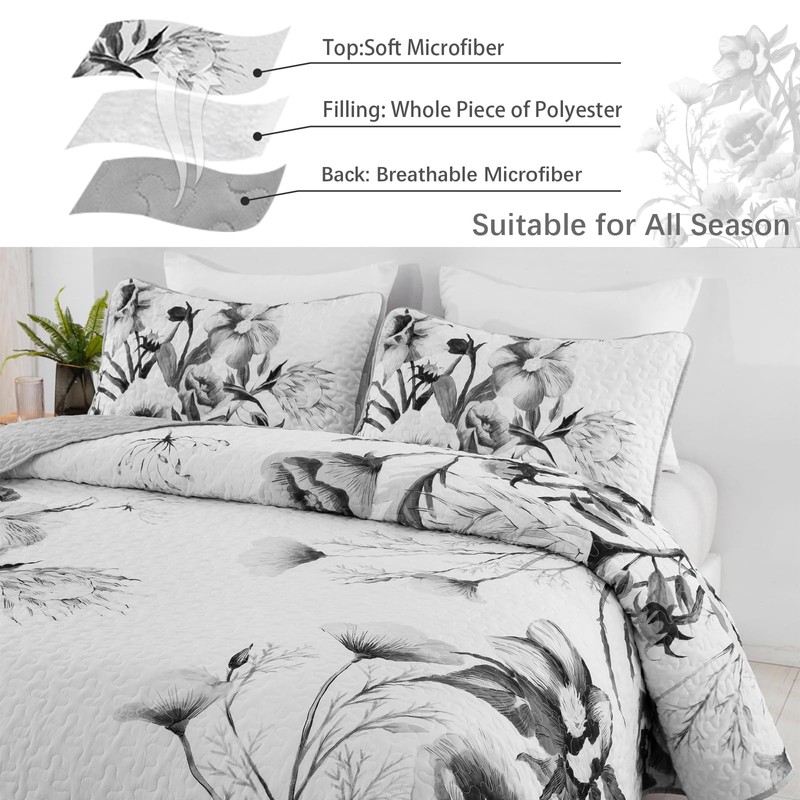 Floral Quilt Set Queen 3 Pieces Grey Floral Quilt Coverlet