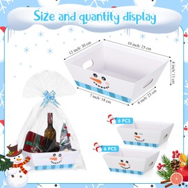 Cholemy 12 Pack 12 x 10 x 4 Inch Christmas Empty Gift Basket Kit Bulk, Includes 12 Snowman Face Cardboard Baskets, 12 Plastic Bags and 12 Bows, Large Xmas Gifts Baskets with Handles for Holiday