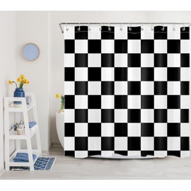 LB Black and White Check Shower Curtain 180 x 200 cm (W x H) Simple Geometric Anti-Mould Waterproof Bathroom Curtains, Modern Checked Art Decor Extra Long Polyester Fabric Bathroom Curtain with Hooks