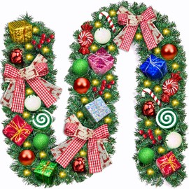 ZZXLOPEZ Artificial Christmas Garland, 2.7 m with 50 LEDs, Warm White Fairy Lights, Includes Decoration, Christmas Wreath, Artificial Green Fir Garland, Christmas Decoration, Indoor and Outdoor