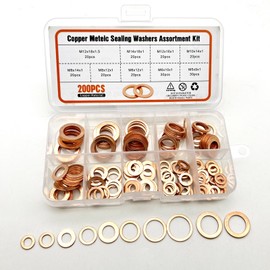 Titgoes 200 PCS Copper Crushed Washer Set, Heat-Resistant & Rustproof Premium Copper Ring Gasket, M5 M6 M8 M10 M12 M14 Metric Washers, Universal for Cars Motorcycles Trucks (Gold)