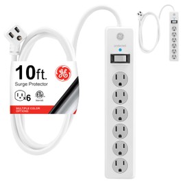 GE Surge Protector Power Strip, 10 Ft Extension Cord, 6 Outlet Extender, 800 Joules, Flat Plug, Twist-to-Close Safety Covers, ETL Listed, White, 2 Pack, 46864