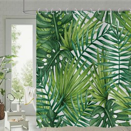 Hnmdmyi Shower Curtain Tropical Leaves 180 x 200 cm, Green Palm Leaves Shower Curtains Jungle Plant Botanical Bath Curtain Waterproof Polyester Fabric Washable Bath Curtain with Hooks