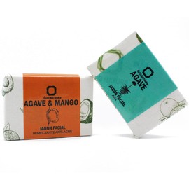 Jabón facial en barra Anti-acné, hidratante antibacteriano, Paquete de 2 jabones: Iluminador con Cúrcuma e Hidratante de Agave - Marca ÓLEO NATURA