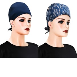 Aoolii Care - Gorra de trabajo con botones y banda para el sudor, ajustable, con lazo elástico, para mujeres y hombres, talla única, Plantas azul marino y azul, Talla única
