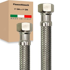 Flexible Hose Nut x Nut Stainless Steel Reinforced Hose Connection Hose Sanitary Tap Hose Domestic Water System Made in Italy (1 Inch x 1 Inch - 2000 mm)