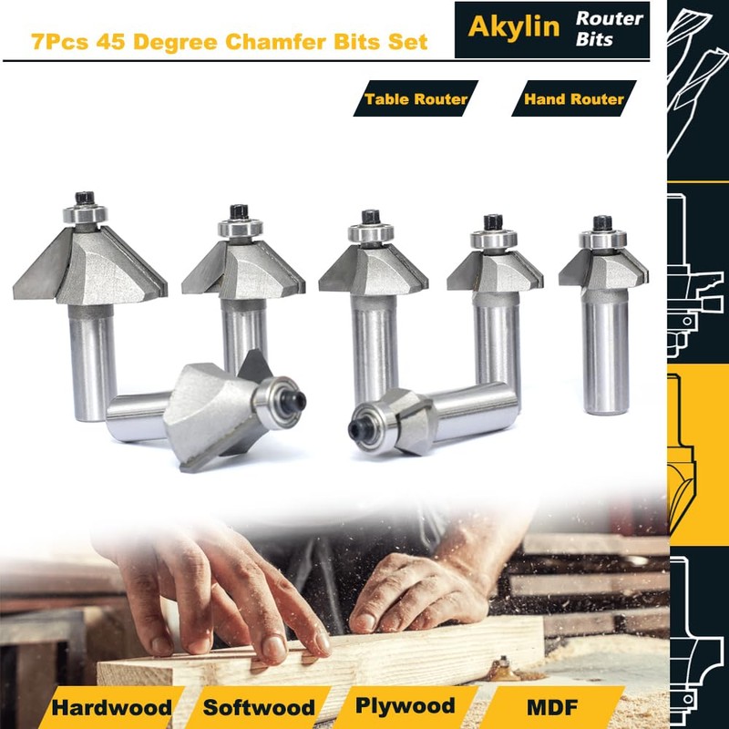 Akylin 7Pcs 45 Degree Chamfer Router Bit Set,1/2" Shank,1/4",5/16",3/8",1/2",5/8" 3/4"