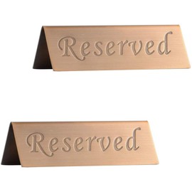 POFET Pack of 2 Reserved Sign - Brushed Stainless Steel Freestanding Table Top Compliance Sign - Double-Sided - 12 x 4 cm Copper