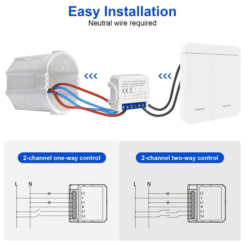 SOARFLY Smart Lichtschalter Modul 2-Weg, WLAN Schalter Smart Life Tuya