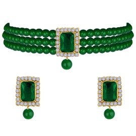 I Jewels Girls 18K Gold Plated Indian Wedding Bollywood Handcrafted Stone Beaded Choker Necklace Set (Ml237Gg) Green-1