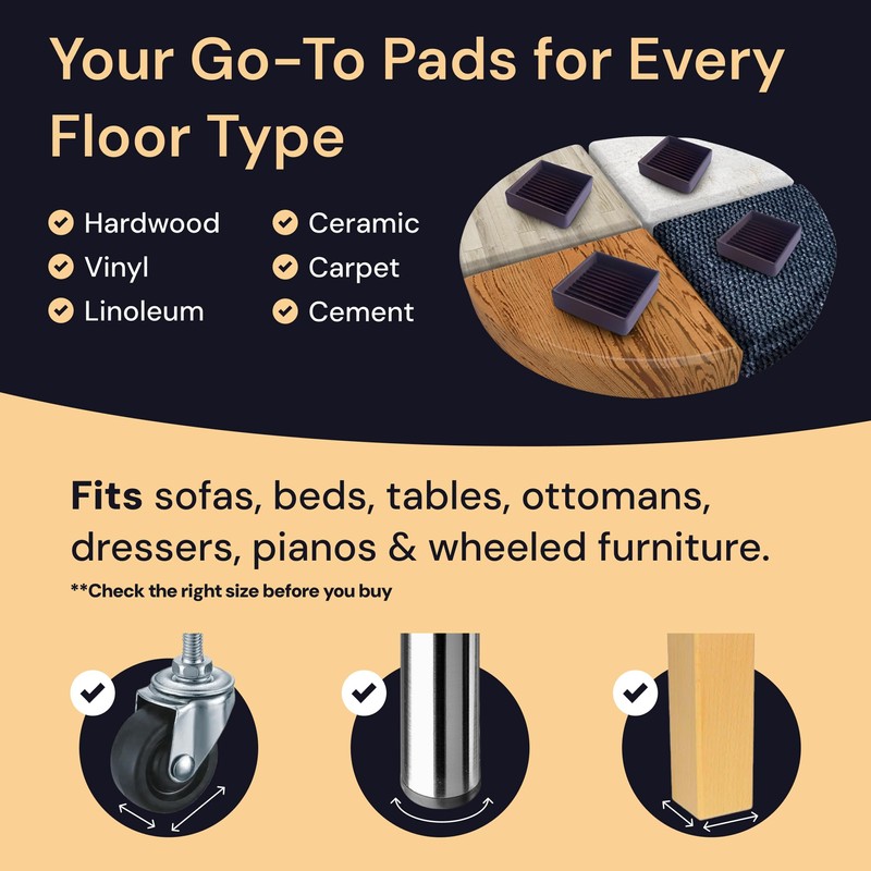 CasterMaster Non-Slip Furniture Pads - 5x5 in Black, 4 Pack