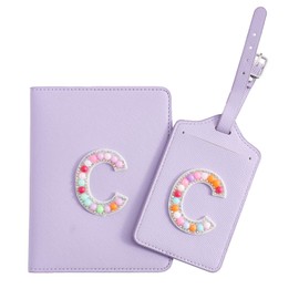 Initial Passport Holder and Luggage Tag Travel Set, PU Leather Luggage Tag Passport Cover, Christmas Gifts, Bridesmaid Gifts, Holiday Travel Gifts, Birthday Gifts (C, Purple Leather+Colorful Letter)