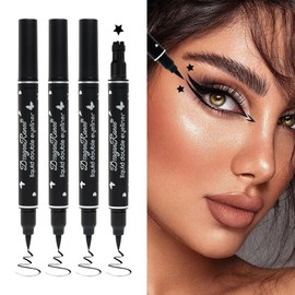 Erinde Double-Sided Liquid Eyeliner Pencil, Eyeliner Stamp Make-Up, Black Waterproof Eye Pens with Felt Applicator and Motif Stamp, Eye Liner Stencils, Eye Tattoo Tool, Pack of 4