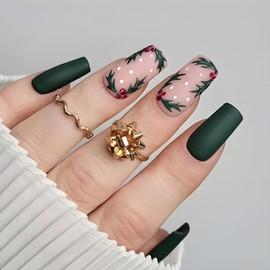 Christmas Press On Nails Medium, Christmas Nails Glue On，24Pcs Christmas Fake Nails With Glue, Christmas Nails Press On With Green Christmas Garland Design，Stick On Nails for Women