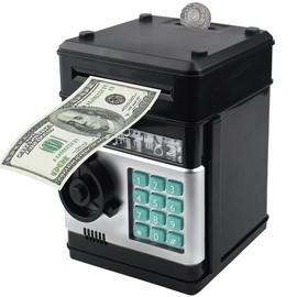 Piggy Bank Electronic Mini ATM for Kids,Money Safe Box Cash Coin Can Password Code Lock for Kids-Hot Gift,Best Present for Children Boys Girls - Color: Black