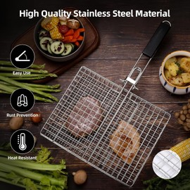 SWINGTEK Fish Grilling Basket, Folding Portable Stainless Steel BBQ Grill Basket for Fish Vegetables Shrimp with Removable Handle, with Basting Brush and Storage Bag